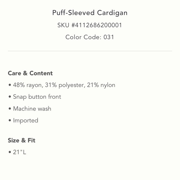 Anthropologie NEW Puff Sleeve Neutral Olive Green Lightweight Cardigan Sweater - Picture 13 of 15